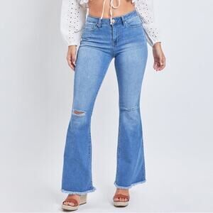 YMI Women’s Essential High Rise Flare Distressed Fray Hem Denim Jeans Regular